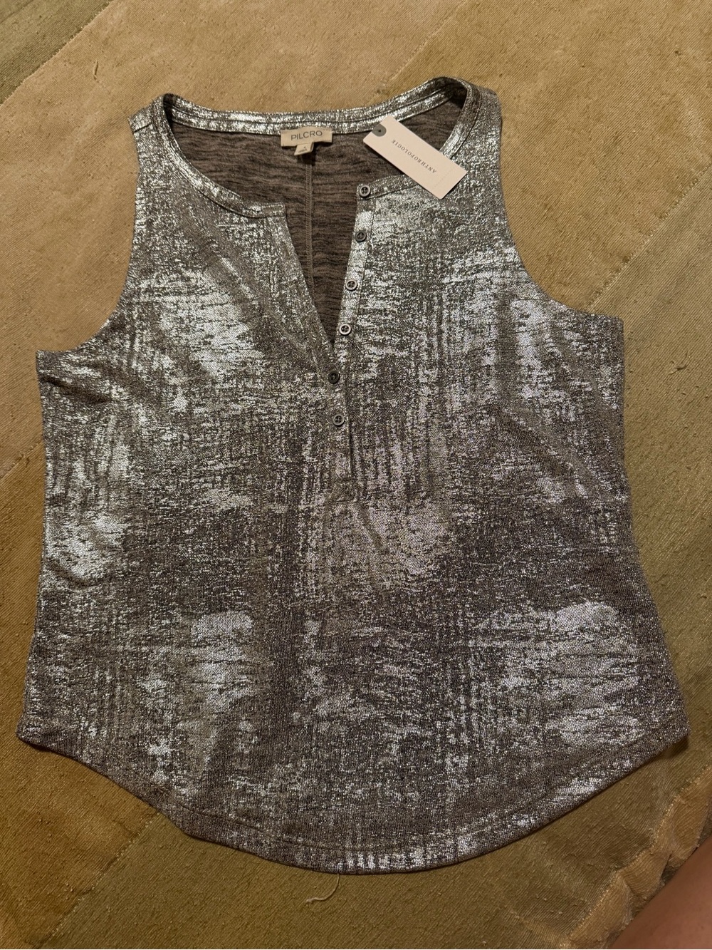 Pilcro Silver Metallic Sleeveless Henley Tank